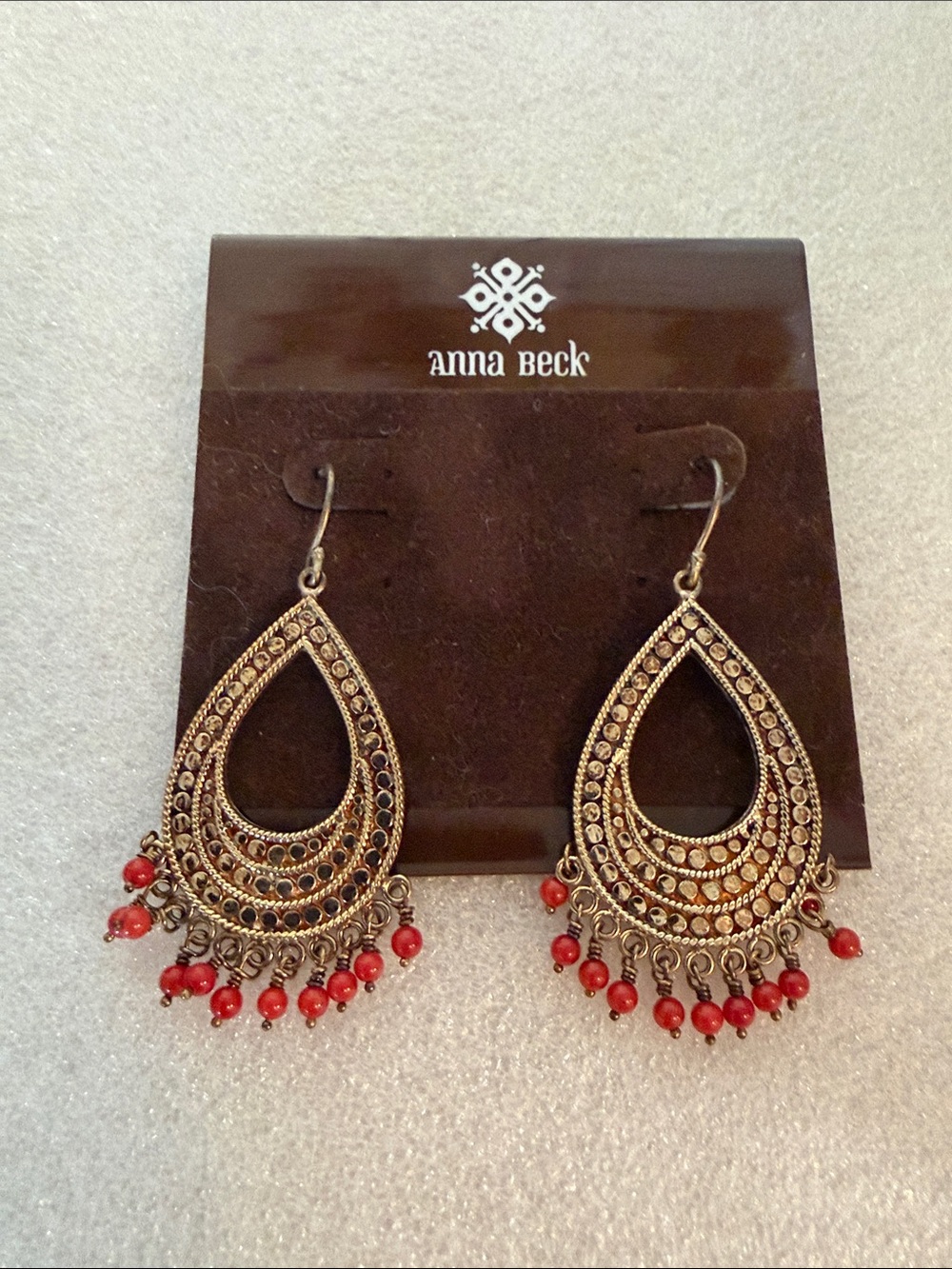 NWT Anna Beck Gold Colored Silver Earrings with Red Beads